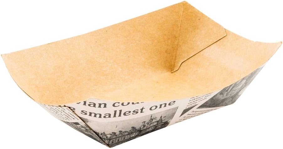 Restaurantware Bio Tek 6 Ounce Boat Paper Boats 50 Disposable #40 Food Trays - PE Lining Durable Newsprint Striped Paper Food Baskets For Concession Stands Picnics or Fairs Stackable