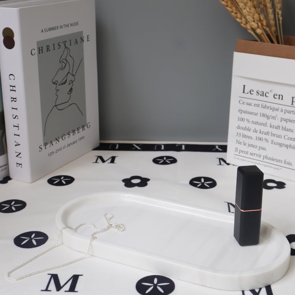 OOBOOB Oval Natural Marble Bathroom Tray for Decor Countertop, Marble Vanity Tray for Candles Perfume, Jewelry, Cosmetics, Elegant Vanity Organizer for Jewelry, Perfume (Star White, 9.84*4.72*0.7)