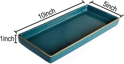 10 x 5 Ceramic Bathroom Tray for Countertop, Decorative Vanity Tray for Dresser Tops, Small Rectangular Trays for Perfume, Candle, Jewelry, Cosmetics (Green)