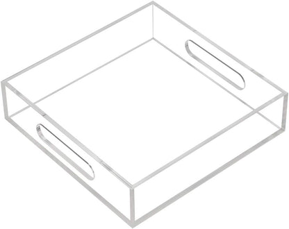 Clear Sturdy Acrylic Tray with Handles-8"x8"x2"H-Countertop Organizer Tray for Kitchen,Bathroom,Office- Storage Box for Cosmetics, Jewelry,Toiletries,Toy,Gadgets
