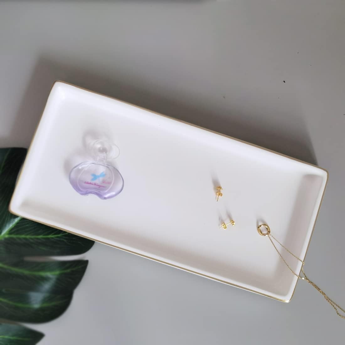 10 x 5 Ceramic Bathroom Tray for Countertop, Decorative Vanity Tray for Dresser Tops, Small Rectangular Trays for Perfume, Candle, Jewelry, Cosmetics (White)