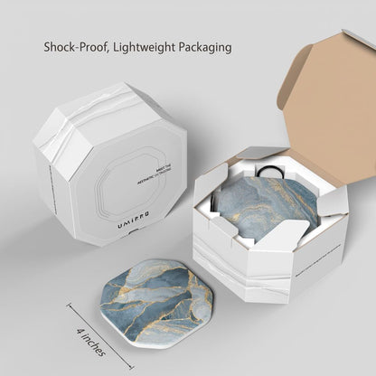 UMIRRO Ceramic Stone Coasters for Drinks Absorbent with Holder for Wooden Coffee Table, Stoneware Cup Coasters for Iced Cold or Hot Drinks, Navy Blue Marble Style, Gold, 4" Set of 6