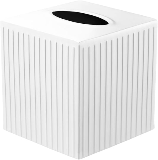 Monarch Abode Tissue Box Cover Square – Handcrafted Ridge Embossed White Metal Tissue Holder Box for Bathroom Accessory, Aesthetic Decorative Facial Napkin Cube for Modern Home Decor
