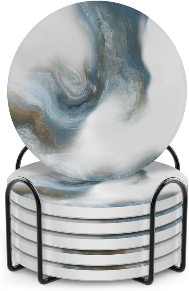 UMIRRO Absorbent Coasters for Drinks with Holder | Ceramic Stone Cup Coasters for Coffee Table | Modern Decorative Mat in Ocean Blue and Grey | Set of 6