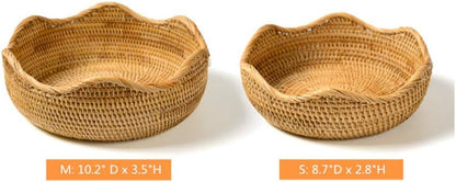 Handmade Rattan Round Fruit Basket Food Storage Bowls Kitchen Organizer Snack Serving Bowl 9 10 Inch Wavy Edge Circle Tray Basket with 3” Deep Wall, Boho Décor Display Tray Bowl (2-Size Kit)