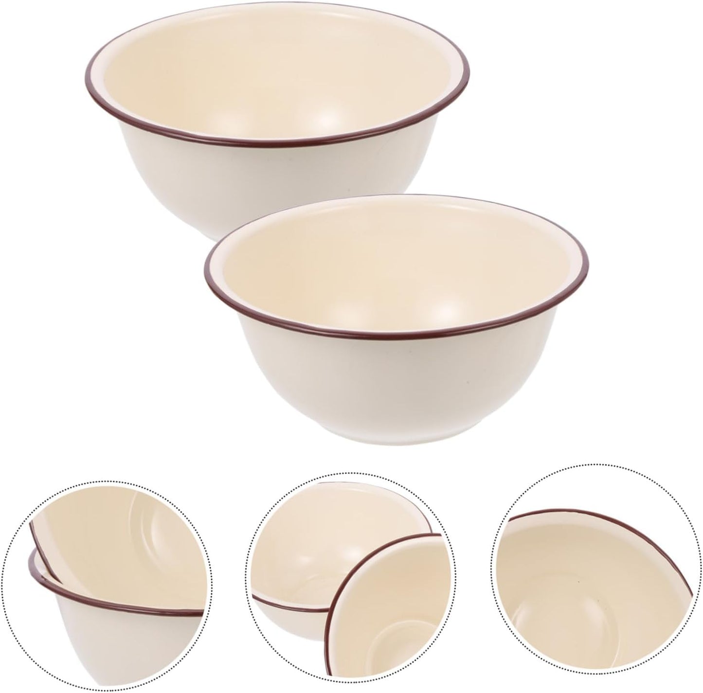 2Pcs Enamel Bowl Deep Ivory White Vintage Kitchen Basin for Food Storage Dough Kneading Soup Serving Smooth Surface Easy to Clean