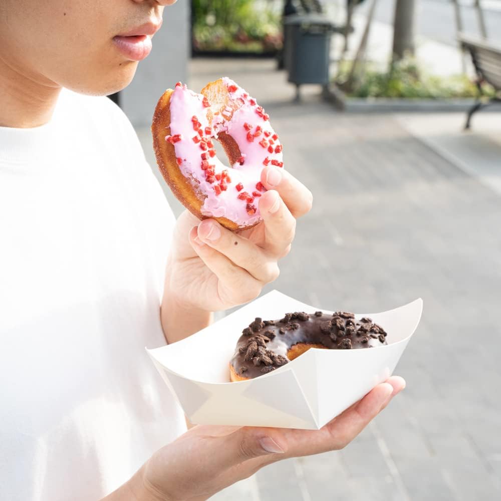 Restaurantware Bio Tek 1 Pound Food Boats 200 Disposable Paper Food Trays - Heavy-Duty Greaseproof White Paper Food Boats For Snacks Appetizers Or Treats Use At Parties Or Carnivals