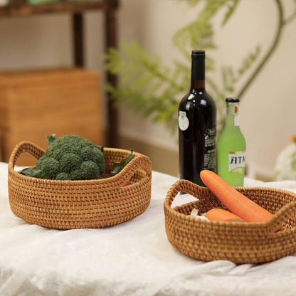 Rattan Storage Basket, Hand Woven Fruit Basket with Handles, Wicker Serving Basket, Bread Basket, Decorative Baskets for Organizing, Set of 2