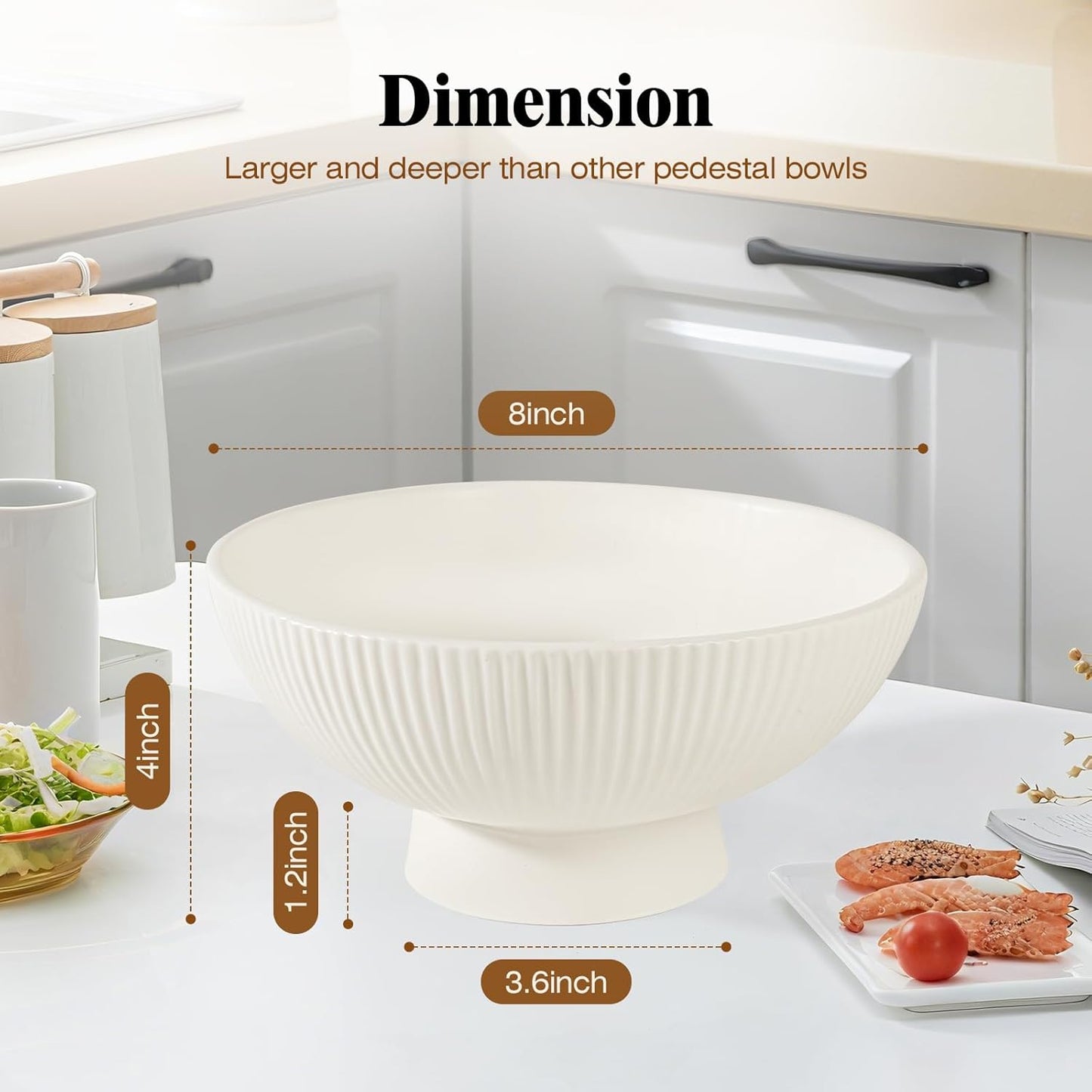 White Ceramic 8 Inch Small Decorative Bowl Fruit Bowl for Kitchen Counter Modern Pedestal Footed Centerpiece Bowl for Coffee Table & Home Decor Fall Catch-All Bowl for Key, Candy