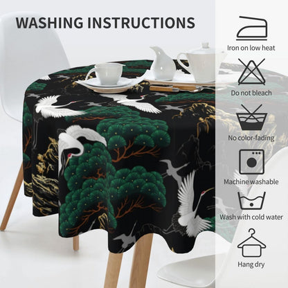 Japanese Tablecloth, Traditional Oriental Crane Vintage Chinese Landscape Luxury Farmhouse Water Resisitant Table Cover for Dining Kitchen Living Room Home Party Holiday Decor 60 inch Round
