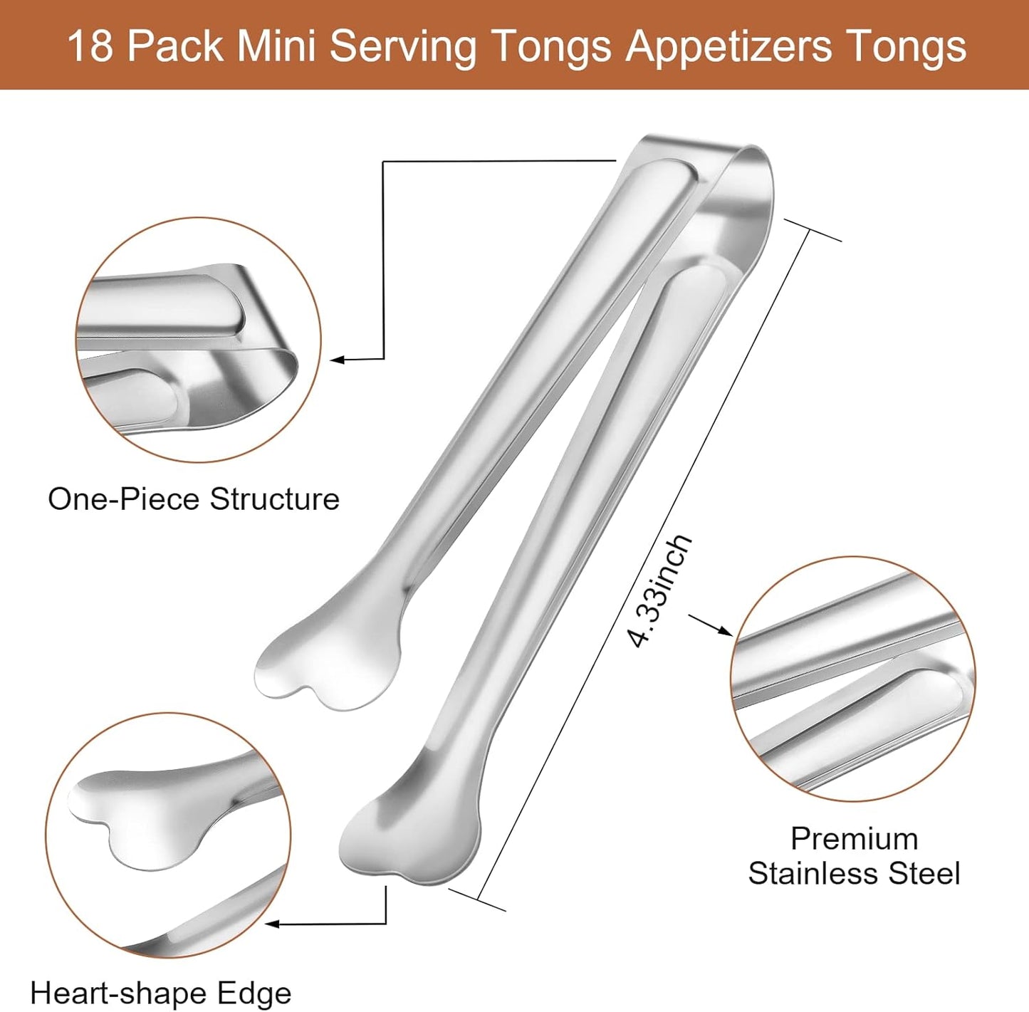 18 Pack Premium Small Serving Tongs, Mini Stainless Steel Appetizer Tongs 4.33Inch Silver