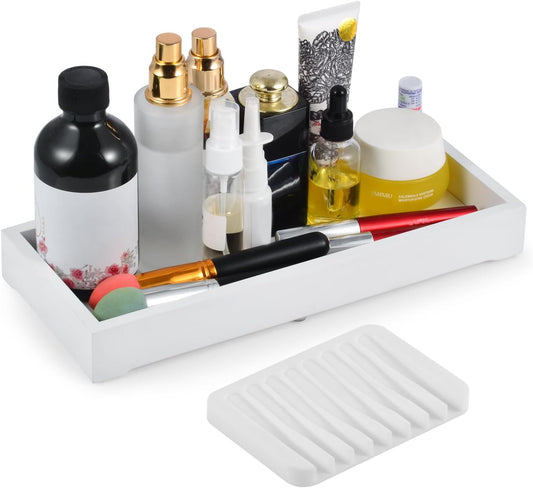 Natural Wooden Vanity Tray, Bathroom Decor Box, Wooden Bathroom Organizer for Toilet Tank and Counter Top, Slip- Resistant Cute Bathroom Decor ﻿ (White, 4.8"" W11.5 Lx1.2 H)