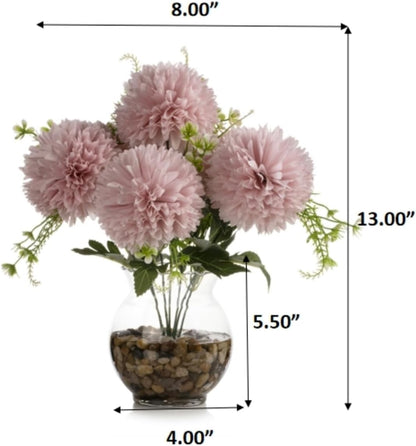 ENOVA FLORAL 7 Heads Silk Marigold Artificial Flowers in Vase,Faux Marigold Flowers Arrangement in Round Bowl Vase with Faux Water and River Rock for Table Decor Centerpieces (Marigold-Pink)