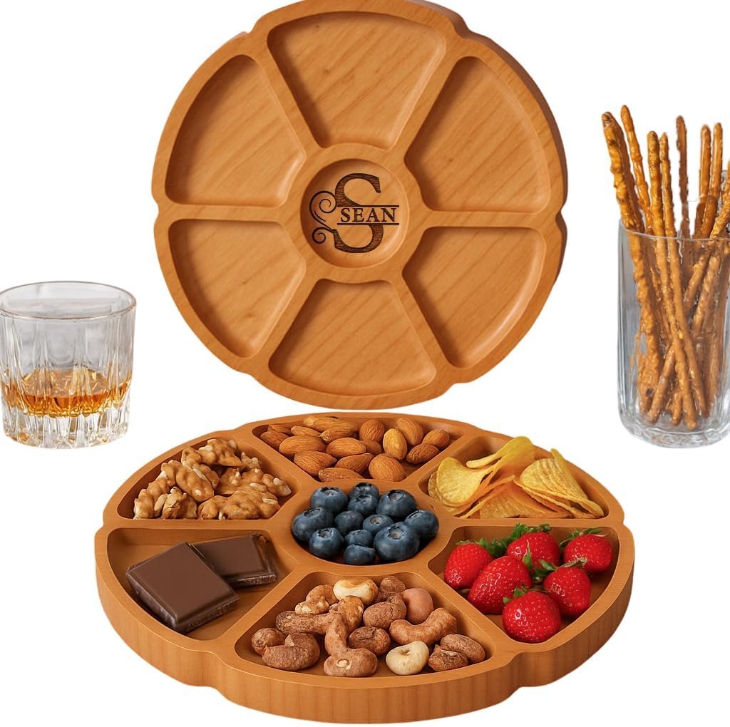Custom Engraved Bamboo 11" Serving Tray – Personalized 7-Divided Flower Petal Platter, Perfect for Snacks, Appetizers, Charcuterie, Parties, Weddings, Housewarming, and Entertaining Gifts