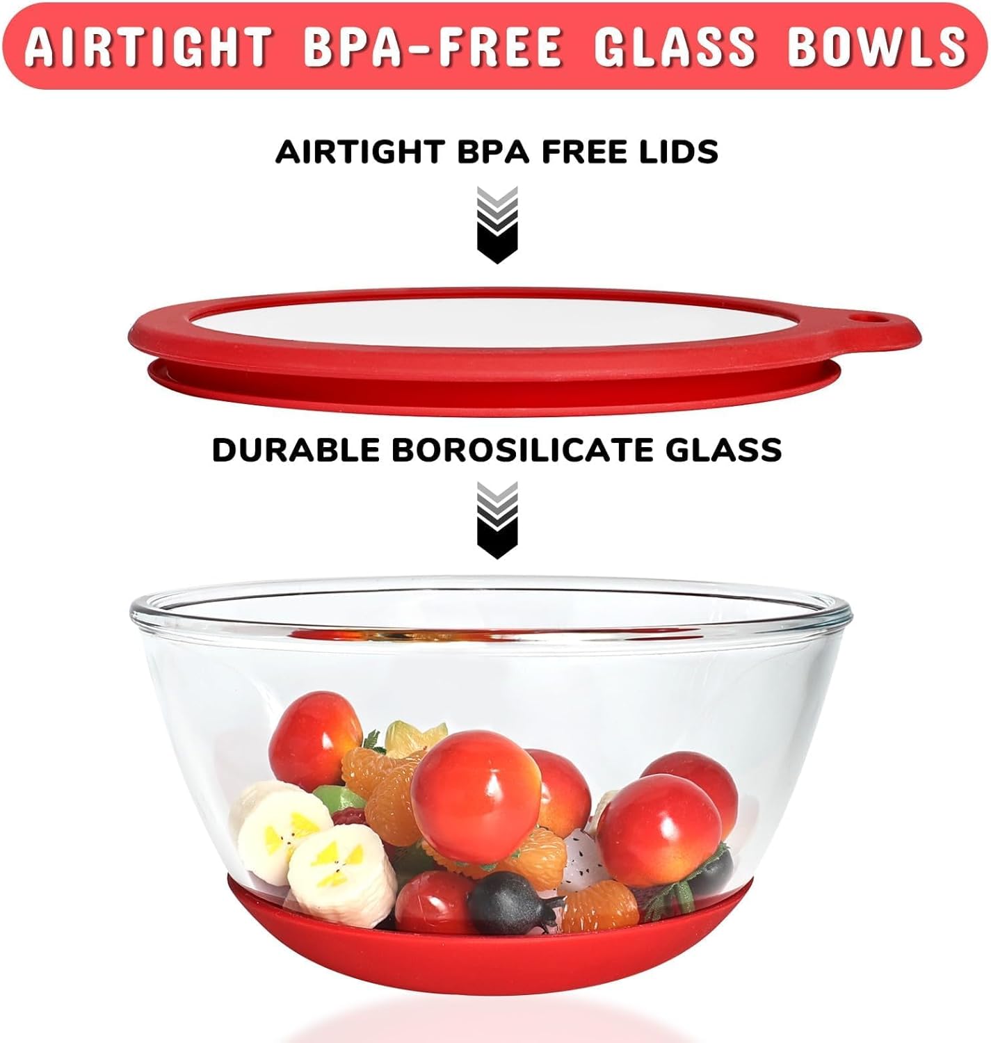 Glass Mixing Bowls Set of 3 with BPA-Free Airtight Lids, Large Nesting Bowls with Non-Slip Silicone Base, Ideal for Food Storage, Dishwasher & Microwave Safe, 2, 1, 0.5 QT Purple Blue Red