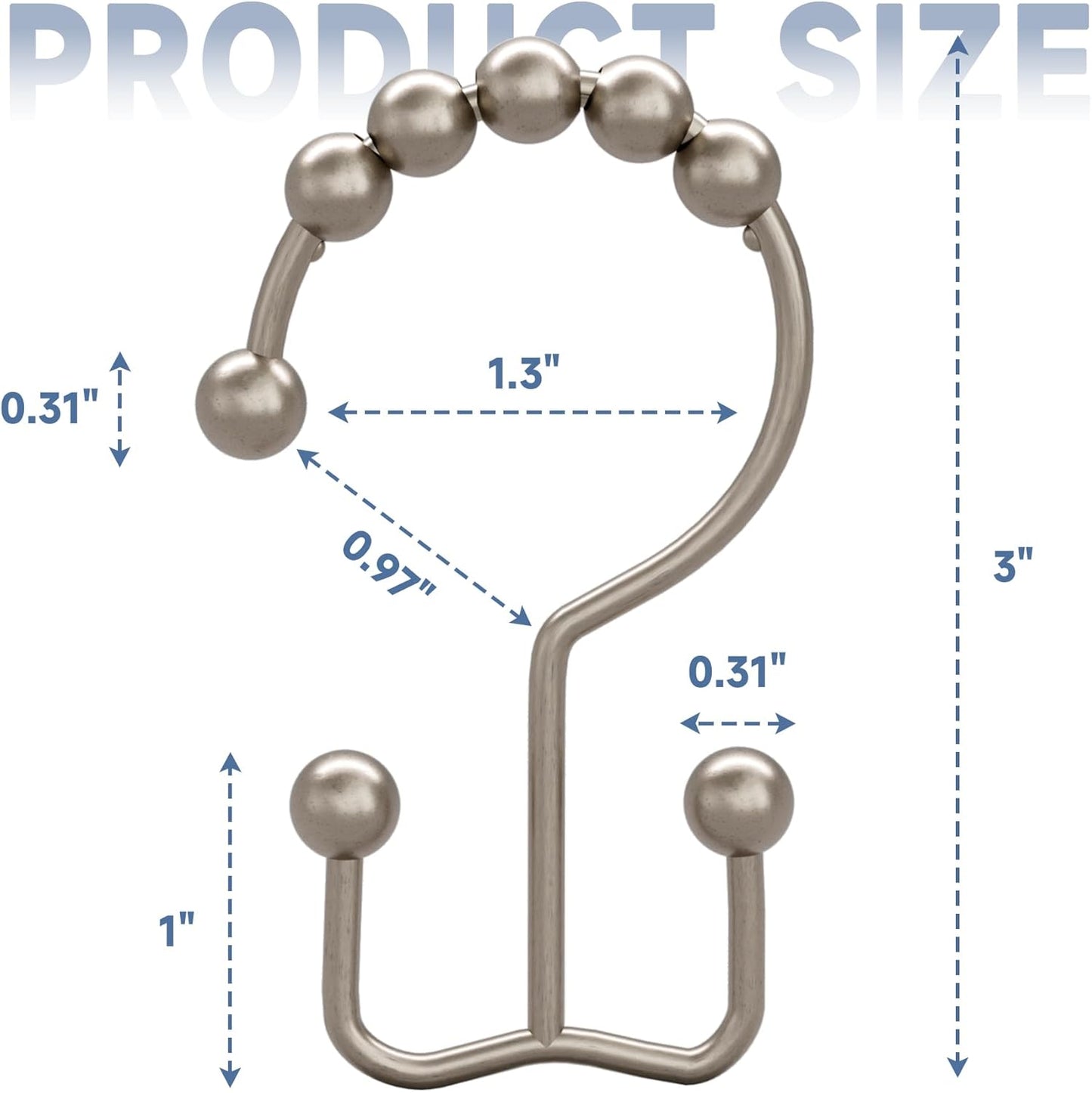 Titanker Shower Curtain Hooks Rings, Rust Resistant Metal Double Glide Shower Hooks Rings for Bathroom Shower Rods Curtains, Set of 24 Hooks - Matte Nickel