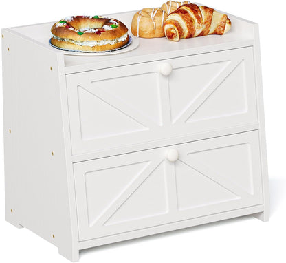 Vintage Double Layer Bread Box for Kitchen Counter Bamboo Bread Storage Container Large Capacity Bread Storage Bin (White)