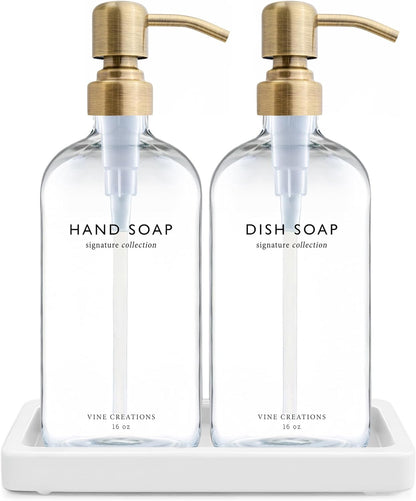 Vine Creations Glass Soap Dispenser Set, Kitchen Soap Dispenser Set with Ceramic Tray, 16 oz Dish Soap and Hand Soap Dispensers with Stainless Steel Pump Decor (Clear Bottle/Brushed Brass)