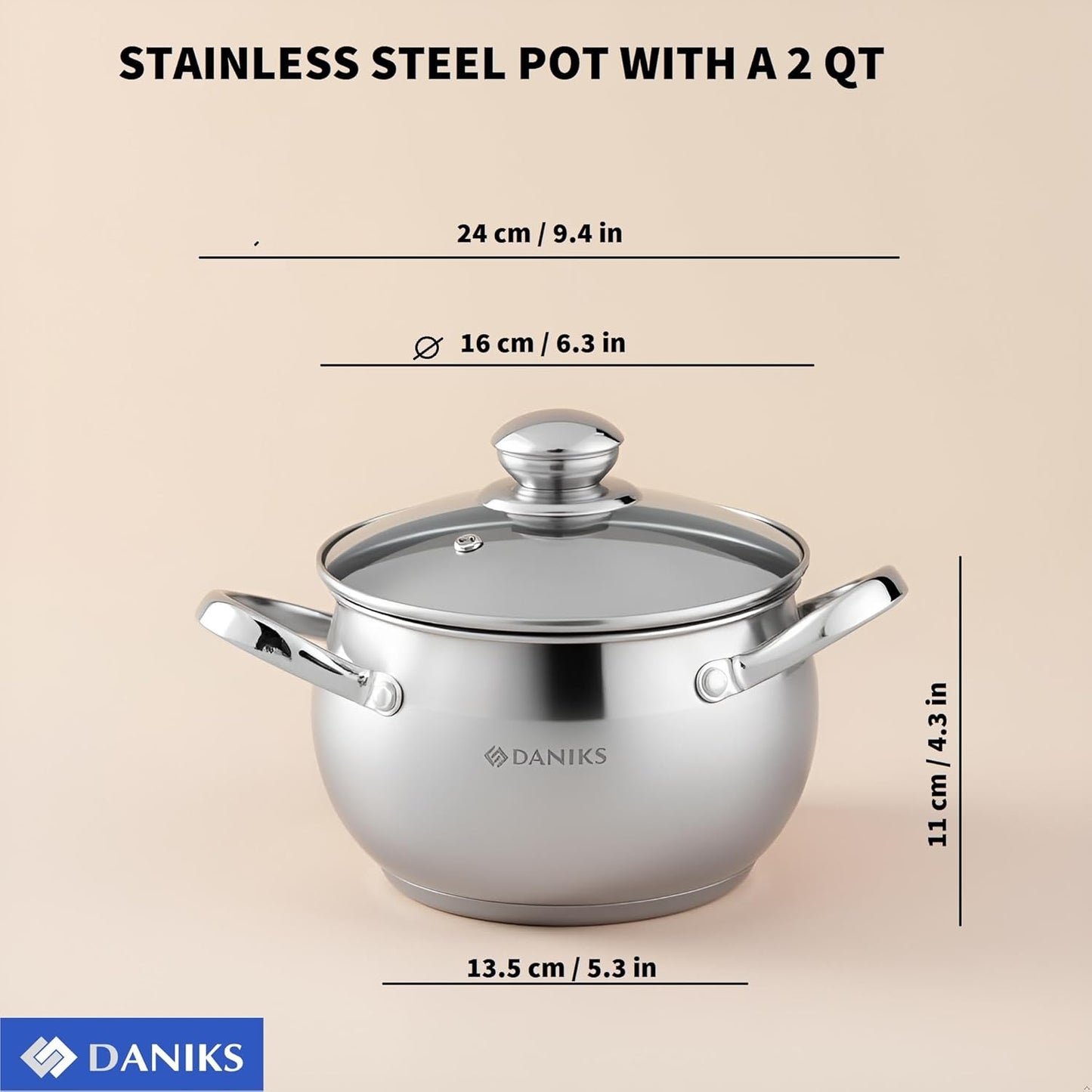 Daniks Classic 2 Quart Stainless Steel Stock Pot with Glass Lid, Tri-Ply Bottom for Even Heating, Induction Compatible, Dishwasher Safe