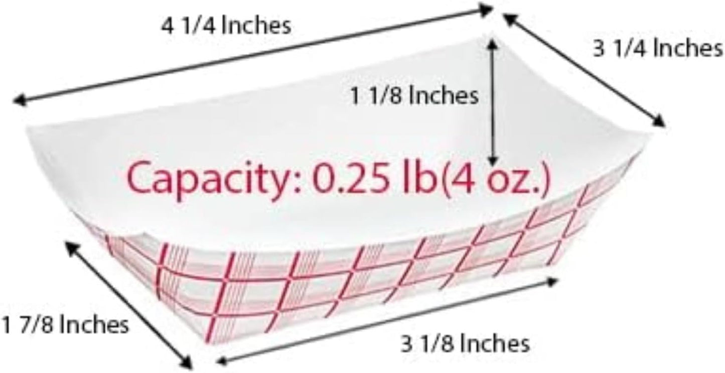 Angel's Peel Lounge Disposable Paper Food Tray — Hot Dog Trays, Nacho Trays, Paper Food Boats for Concession Stand and Party Snacks, Grease-Resistant Red Check Tray for Serving, 4x3in, 100-PACK