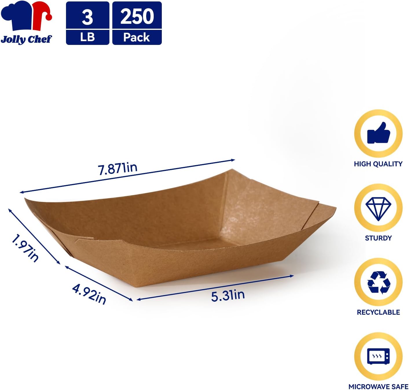 JOLLY CHEF 3lb Paper Food Trays,250 Pack Disposable Boat, Extra Large Food Serving Holder Tray for Party, Nachos, Hot Dogs, Taco, French Fries