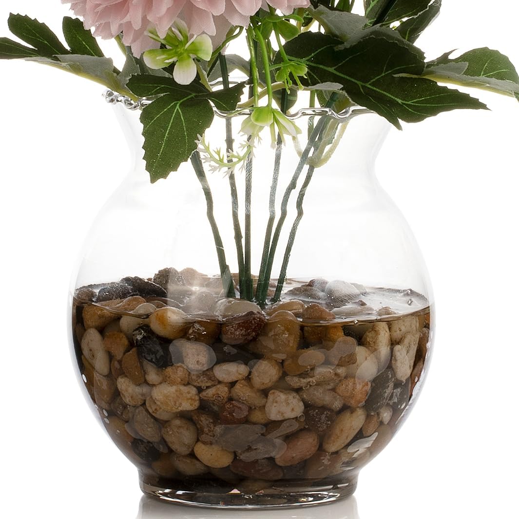 ENOVA FLORAL 7 Heads Silk Marigold Artificial Flowers in Vase,Faux Marigold Flowers Arrangement in Round Bowl Vase with Faux Water and River Rock for Table Decor Centerpieces (Marigold-Pink)