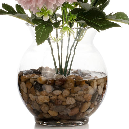 ENOVA FLORAL 7 Heads Silk Marigold Artificial Flowers in Vase,Faux Marigold Flowers Arrangement in Round Bowl Vase with Faux Water and River Rock for Table Decor Centerpieces (Marigold-Pink)