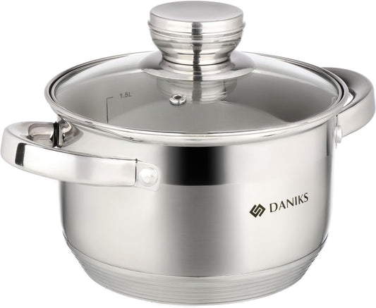 Daniks Standard Stainless Steel Stock Pot with Glass Lid – Induction 2 Quart, Dishwasher Safe, Measuring Scale, For Soup, Pasta, Stew, Silver