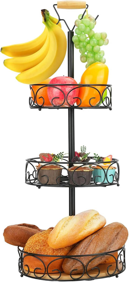WCHOSOZH 3 Tier Fruit Basket for Kitchen Counter, Fruit Vegetables Bowl Stand with 2 Banana Hangers,Metal Tiered Display Holder for Bread Snack Organization Storage Baskets(Black)
