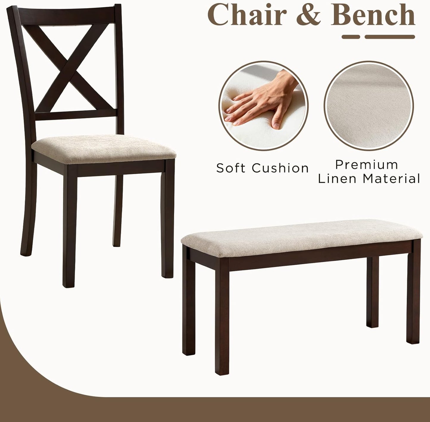 6-Piece Solid Wood Dining Table Set, Upholstered Chair w/Bench Seat, Seating for 6, 60'' Farmhouse Wood Kitchen Chairs Set for Living Room, Dining Room, Brown & Black Finish