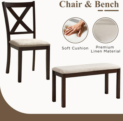 6-Piece Solid Wood Dining Table Set, Upholstered Chair w/Bench Seat, Seating for 6, 60'' Farmhouse Wood Kitchen Chairs Set for Living Room, Dining Room, Brown & Black Finish