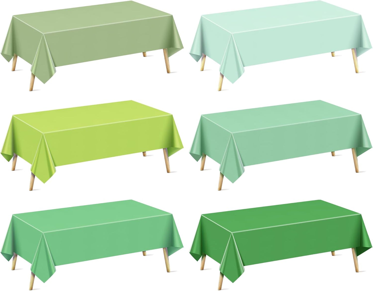 6 Pieces Green Series Rectangle Tablecloth, 54x72 Solid Color Waterproof & Spillproof Disposable Plastic Table Cover, Durable Party Tablecloth for Dining, Buffet, Picnic, Outdoor Events