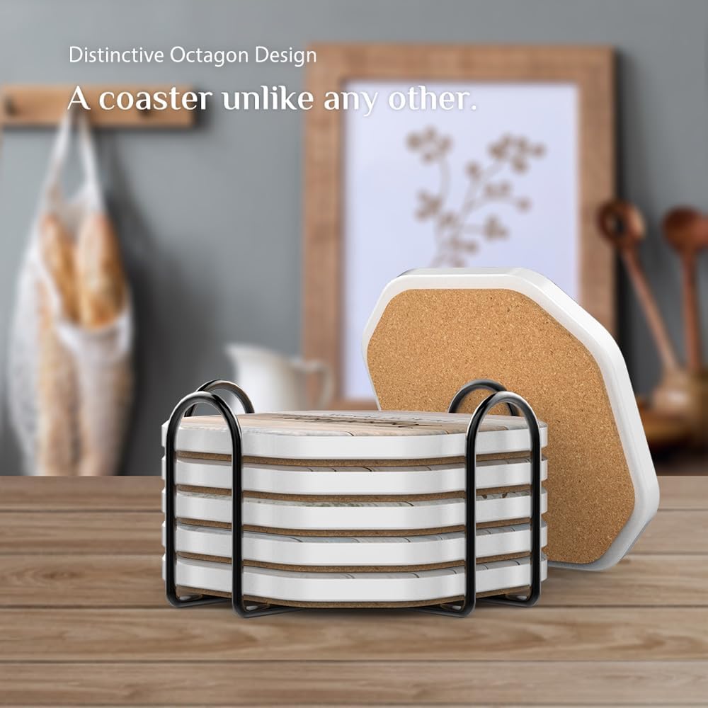 UMIRRO Rustic Farmhouse Coasters for Coffee Table Decor, Ceramic Coaster Set with Holder for Wooden Table, Cute Cup Coasters for Drinks Absorbent, Housewarming Gifts for New House/Home, 4", 6 Pack