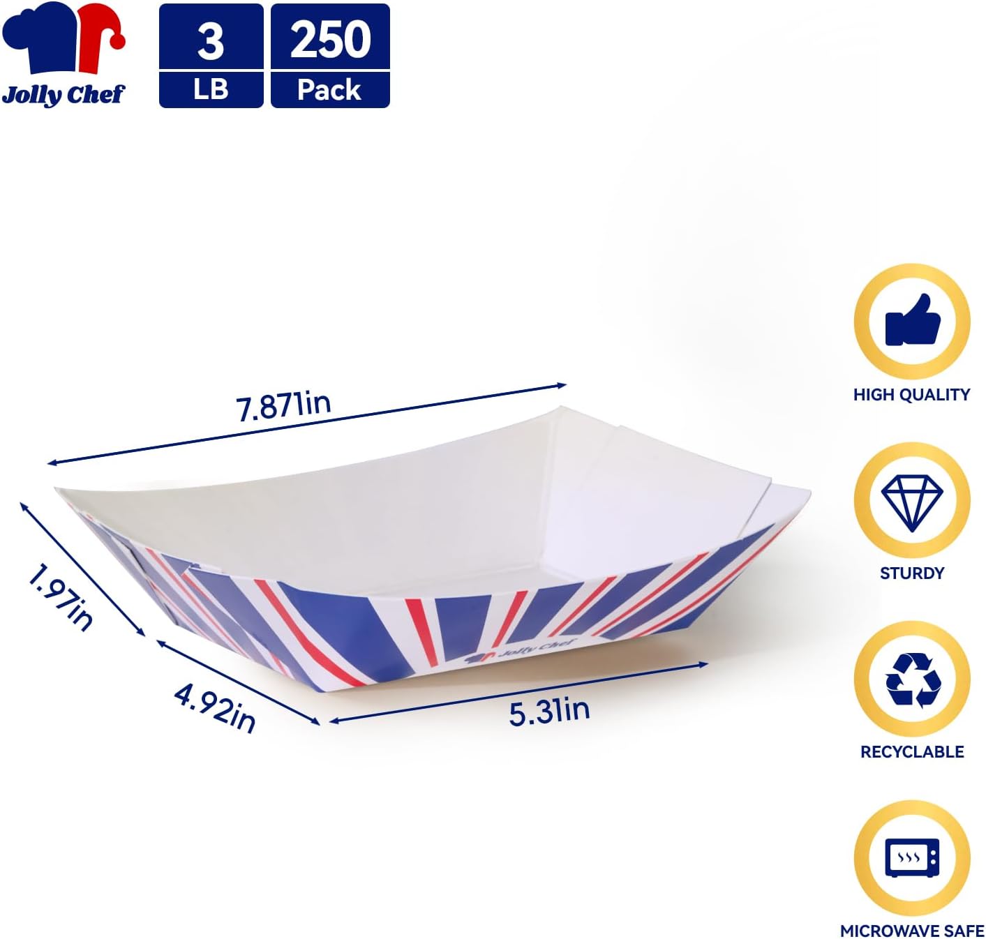 JOLLY CHEF 3 LB Paper Food Trays, 250 Pack Paper Food Boats Disposable Serving Boats,Food Holder Trays for Snacks French Fries Nachos Hot Dog Tacos BBQ Party