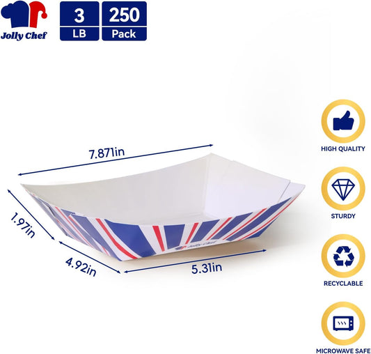 JOLLY CHEF 3 LB Paper Food Trays, 250 Pack Paper Food Boats Disposable Serving Boats,Food Holder Trays for Snacks French Fries Nachos Hot Dog Tacos BBQ Party