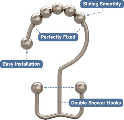 Titanker Shower Curtain Hooks Rings, Rust-Resistant Metal Double Glide Shower Hooks for Bathroom Shower Rods Curtains, Set of 12 Hooks - Matte Nickel