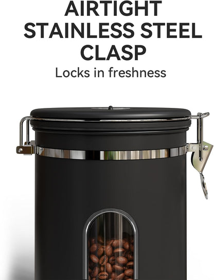 Veken Coffee Canister with Window,Airtight Stainless Steel Pantry Container,Home Kitchen Food Storage Organizers for Ground,Beans,Espresso,Rice,Tea,Sugar,Cereal, Flour,Bar Accessories,Gifts,22OZ,Black