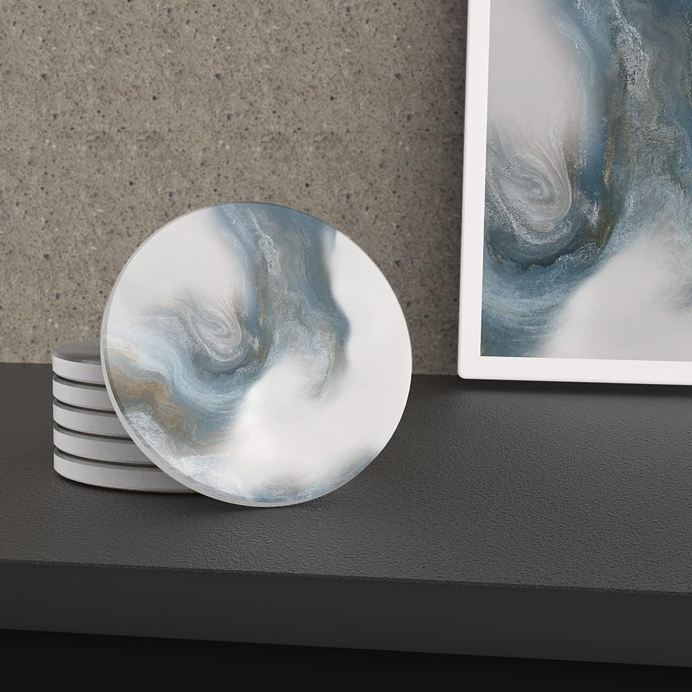 UMIRRO Absorbent Coasters for Drinks with Holder | Ceramic Stone Cup Coasters for Coffee Table | Modern Decorative Mat in Ocean Blue and Grey | Set of 6