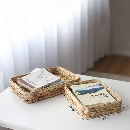 Water Hyacinth Woven Serving Tray Rectangular Hand-Woven Wicker Storage Trays for Coffee/Breakfast/Dessert/Fruit/Bread (Original Color - Small)