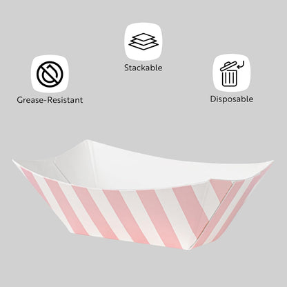 Restaurantware Bio Tek 1 Pound Food Boats 200 Disposable Paper Food Trays - Heavy-Duty Greaseproof Striped Paper Food Boats For Snacks Appetizers Or Treats Use At Parties Or Carnivals