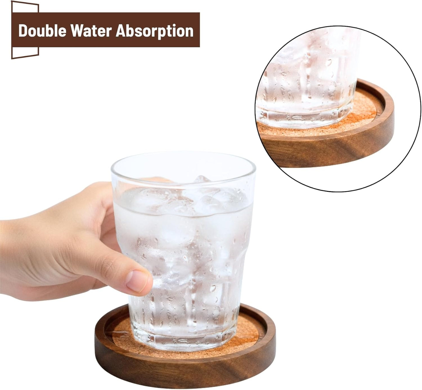 Wood Coasters for Drinks with Wooden Holder, Wooden Coaster with Cork for Tabletop Protection, Drink Coasters for Coffee Table, 4.13 Inch, Set of 6 (Modern Coasters with Metal Holder)