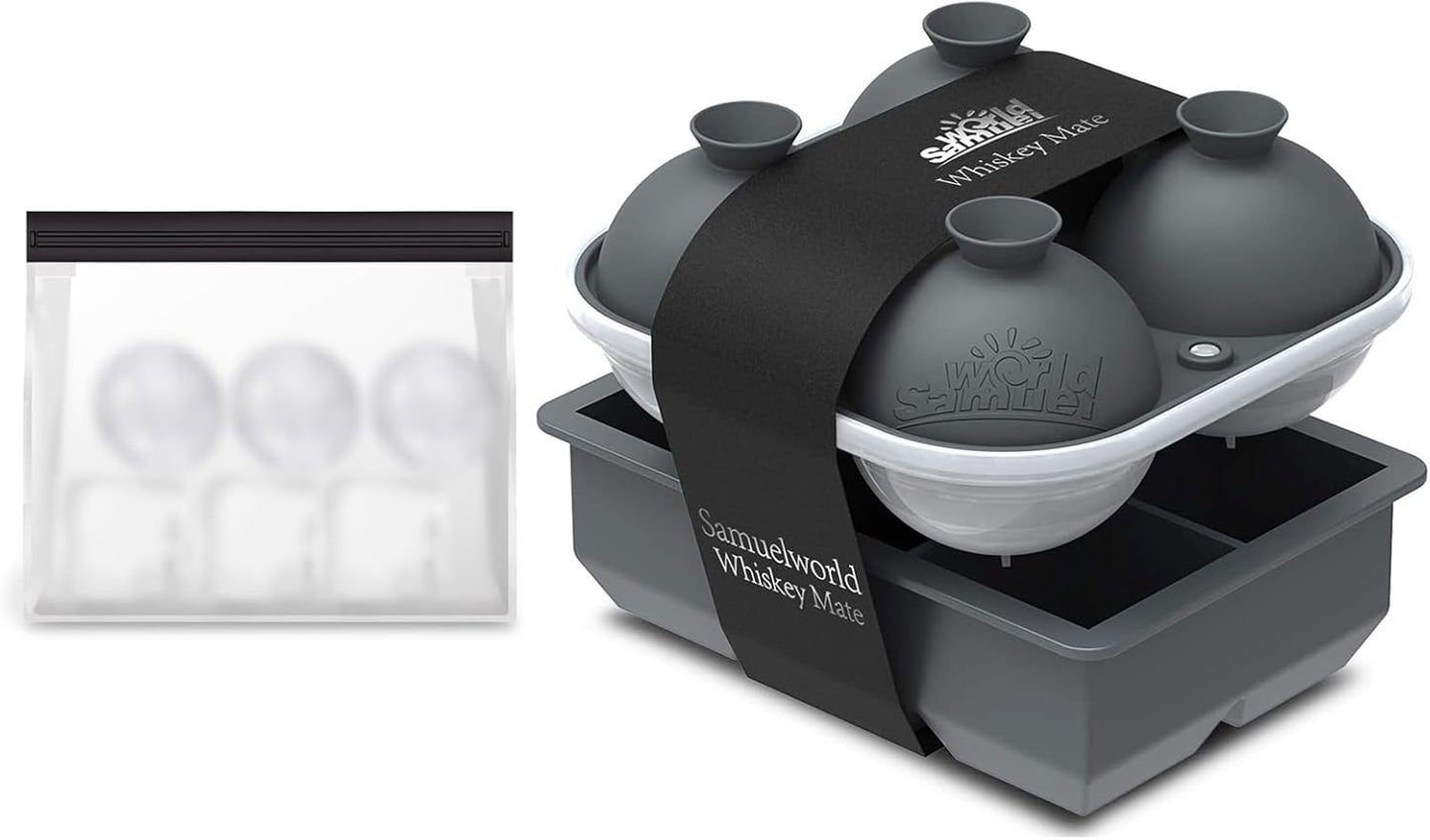 Samuelworld Silicone Premium Ice Trays, 2 Inches Extra Large Cubes & 2.5 Inches Sphere Ice Molds - BPA Free, Craft Ice Maker for Gifting, Easy Release - Grey(With Ice Bag)