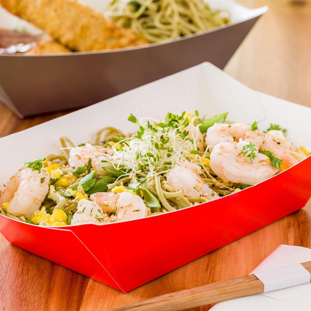 Restaurantware Bio Tek 1 Pound Food Boats 200 Disposable Paper Food Trays - Heavy-Duty Greaseproof Red Paper Food Boats For Snacks Appetizers Or Treats Use At Parties Or Carnivals