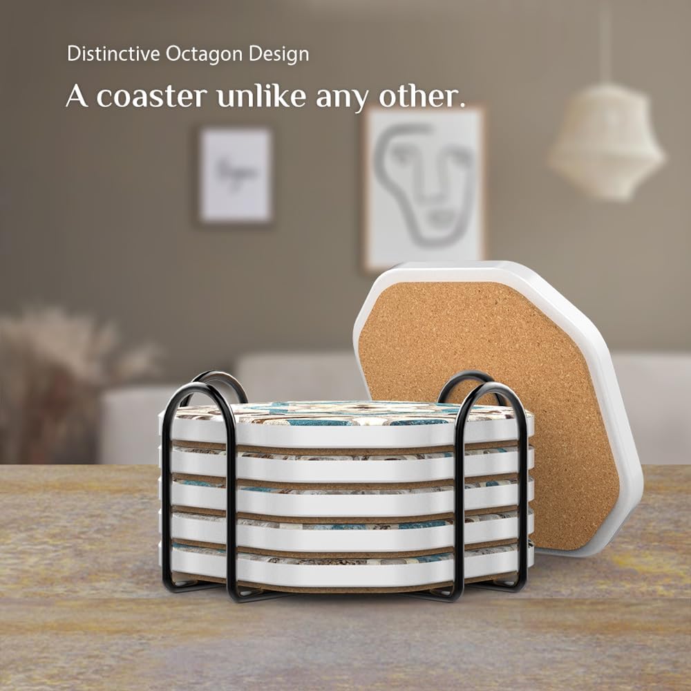 UMIRRO Drinks Coasters for Coffee Table Decor, Rustic Retro Boho Farmhouse Coasters, Absorbent Cup Mats for Wooden Table, Mandala Style, Unique Vintage Tile Design, Brown, 4", Set of 6