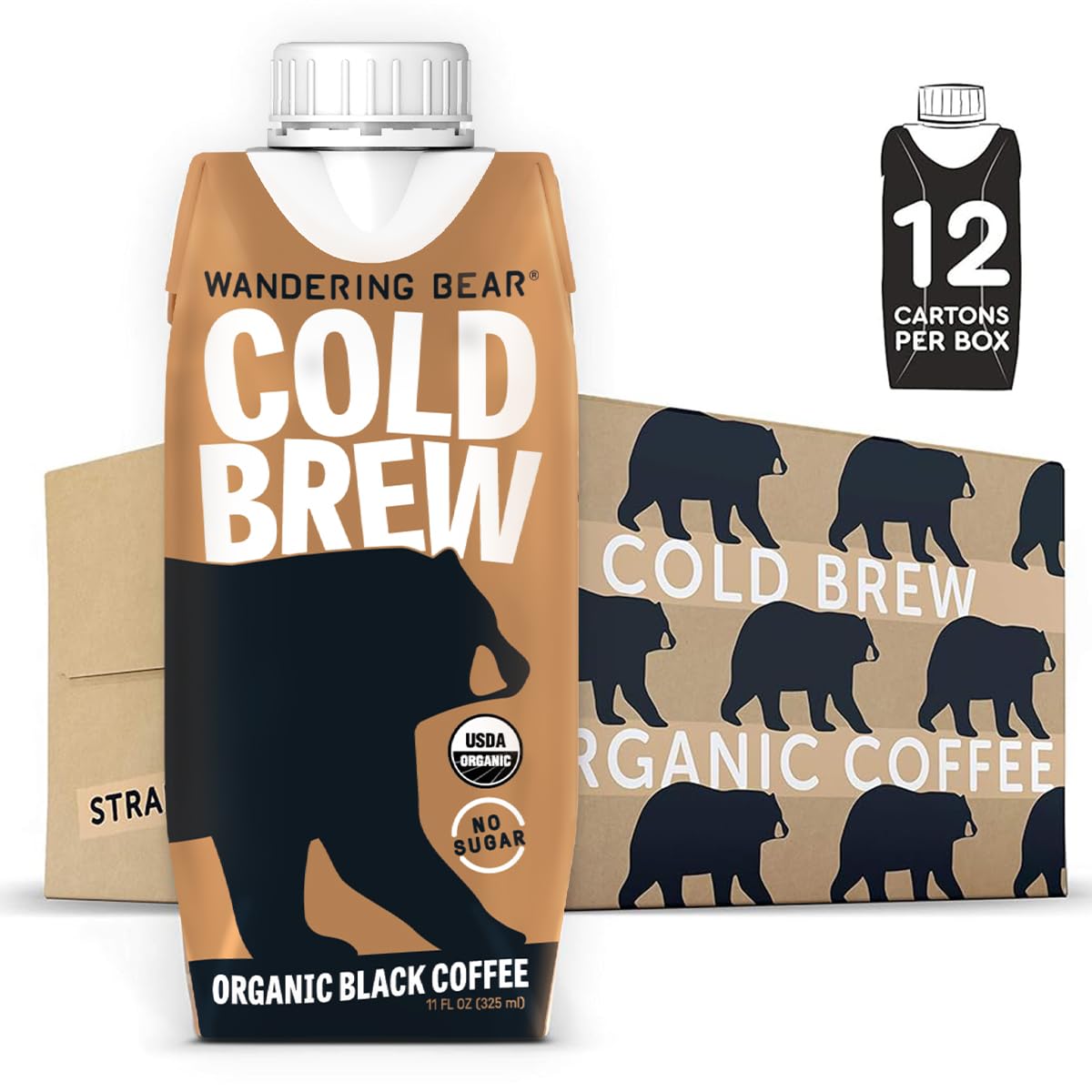 Wandering Bear Straight Black Organic Cold Brew Coffee On-the-Go - Extra Strong, Bold, Smooth, Unsweetened, Shelf-Stable, Ready to Drink, 100% Organic Iced Cold Brewed Coffee Drink -11 fl oz, 12 pack