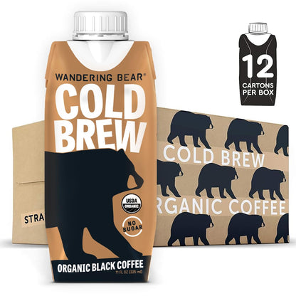 Wandering Bear Straight Black Organic Cold Brew Coffee On-the-Go - Extra Strong, Bold, Smooth, Unsweetened, Shelf-Stable, Ready to Drink, 100% Organic Iced Cold Brewed Coffee Drink -11 fl oz, 12 pack