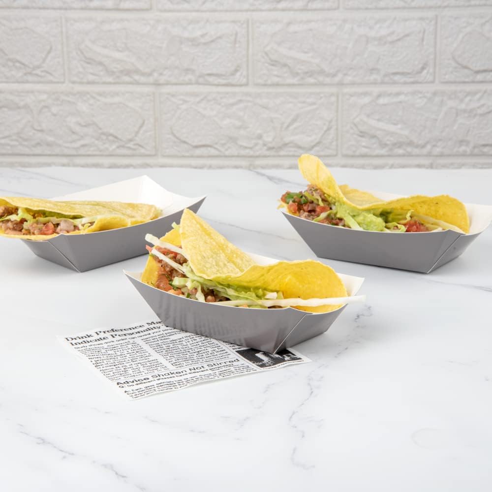 Restaurantware Bio Tek 6 Ounce Boat Paper Boats 50 Disposable #40 Food Trays - PE Lining Durable Gray Paper Food Baskets For Concession Stands Picnics or Fairs Stackable