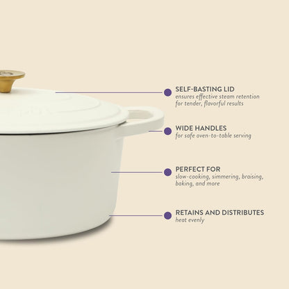 Crock Pot Artisan 7-Quart Oval Dutch Oven With Lid, Enameled Cast Iron, Linen White With Gold Knob, Heavy-Duty Cookware for Baking, Braising, Roasting & Slow Cooking