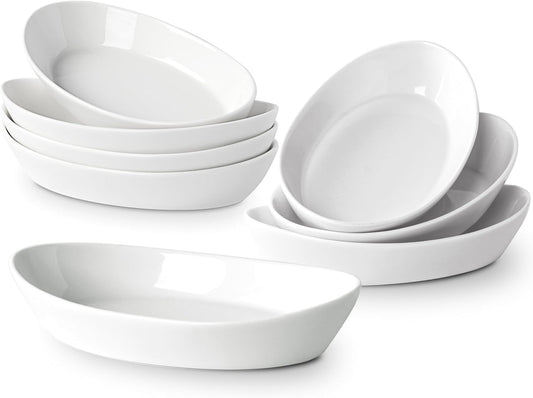 Au Gratin Baking Dishes for Oven Safe, Porcelain Mini Casserole Dish (8pc Set). 10oz Individual Gratin Dishes Set, Ceramic Small Baking Dish for Single Serving, Banana Split Bowls, 7.6x4.4in