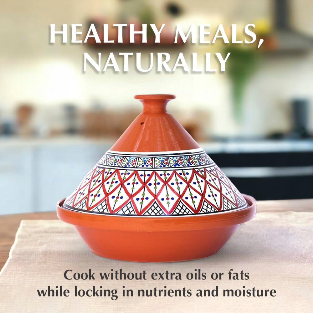 Kamsah Tagine Pot for Cooking and Flavor Enrichment - Large Clay Pot 12”, 5.5 QT - Non-Stick Handmade Cookware - Moroccan Ceramic Pots for Cooking with Lid & Serving Bowl - Bohemian Classic Red